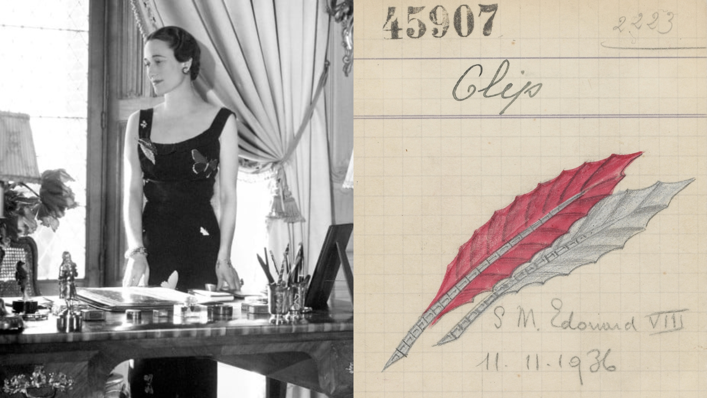 Wallis Simpson, Duchess of Windsor wears a feather clip by Van Cleef & Arpels